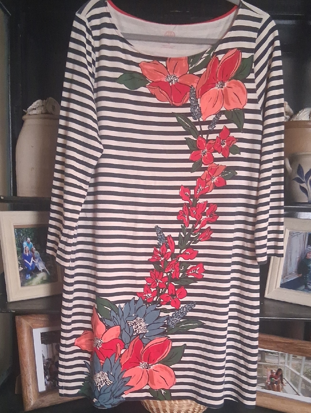 Tory Burch Blue & White Striped Long-Sleeve Dress with Coral Floral Cascade